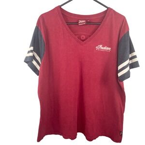 Indian Motorcycle V Neck T Shirt‎ Womens 3XL Red Stripe Sleeve Relaxed Biker